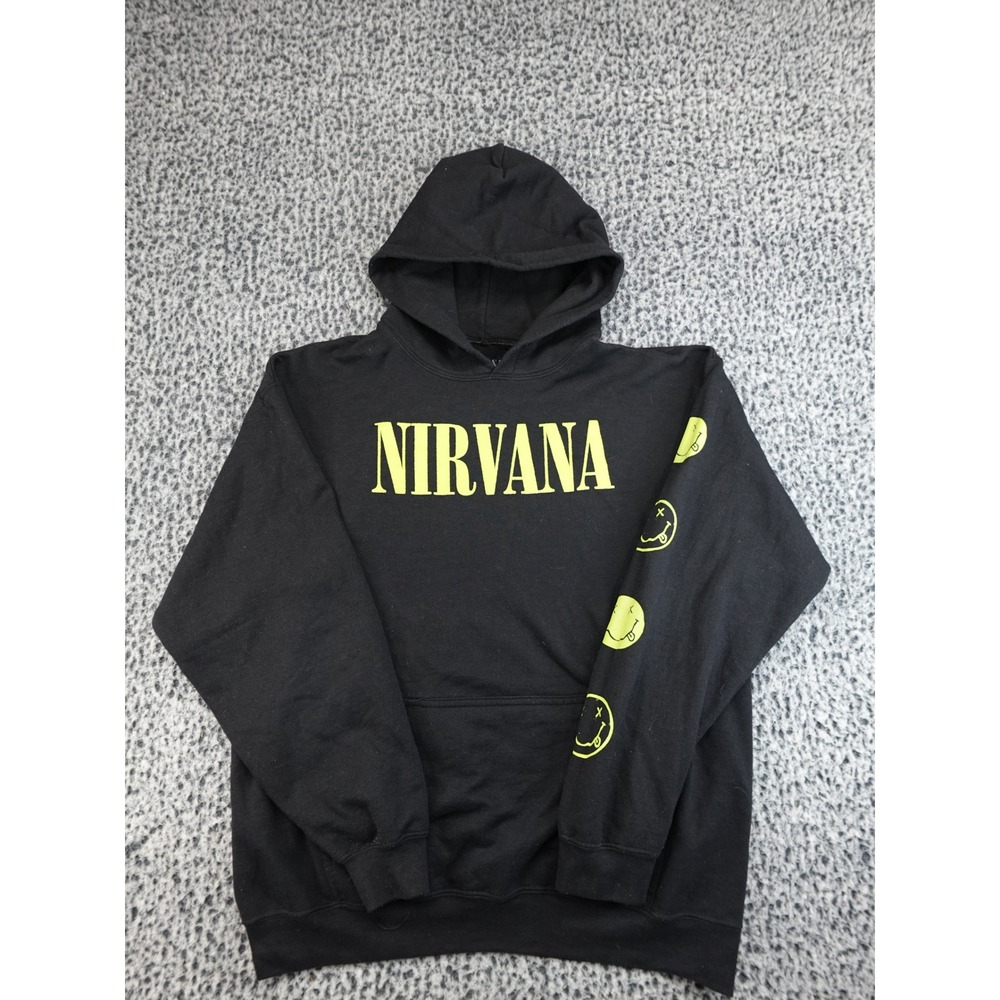 Nirvana Hoodie Mens Large Black Yellow Smiley Face Sleeve Graphic Pullover